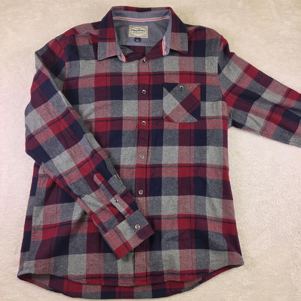 Flag & Anthem Mens Red Navy Blue Grey Plaid Cotton Flannel Shirt FA20WS243R L